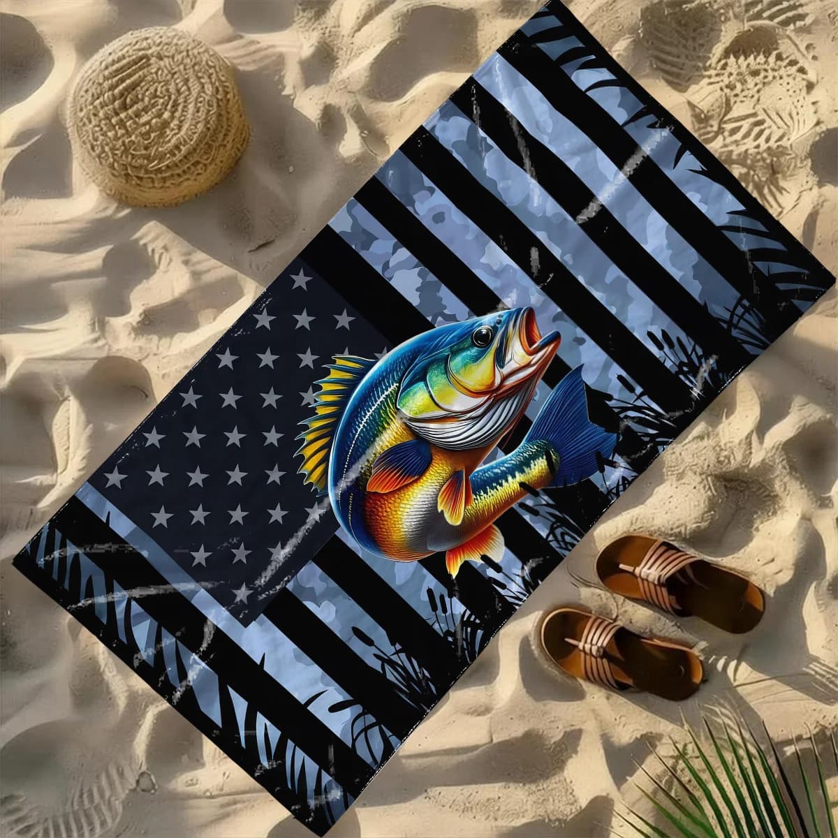 Asciugamano con bandiera americana Fish, 1 pezzo, in microfibra assorbente di grandi dimensioni, ad asciugatura rapida, ideale per viaggi, nuoto, surf