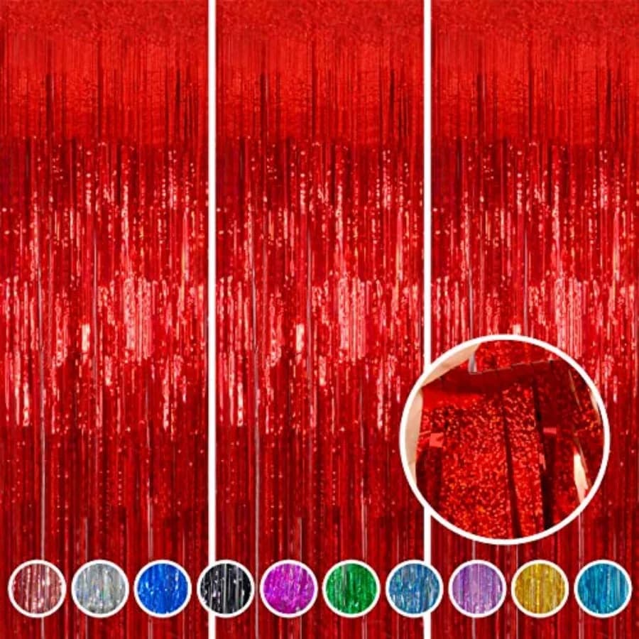Red Foil Fringe Curtain Backdrop 3 Pack, 3.2 x 8.2 FT Party Decorations Birthday Party, Graduation Decorations, Photo Booth Bac