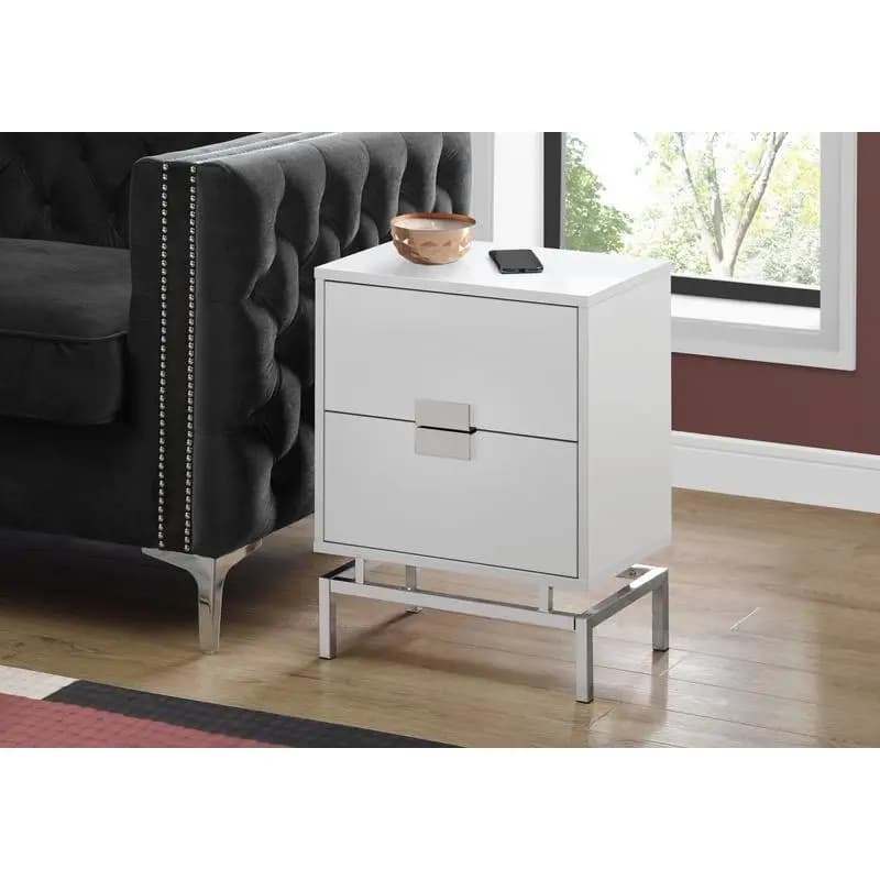 Tavolo in stile bianco lucido con cassetto portaoggetti, gambe in metallo cromato, comodino moderno per soggiorno e camera da letto