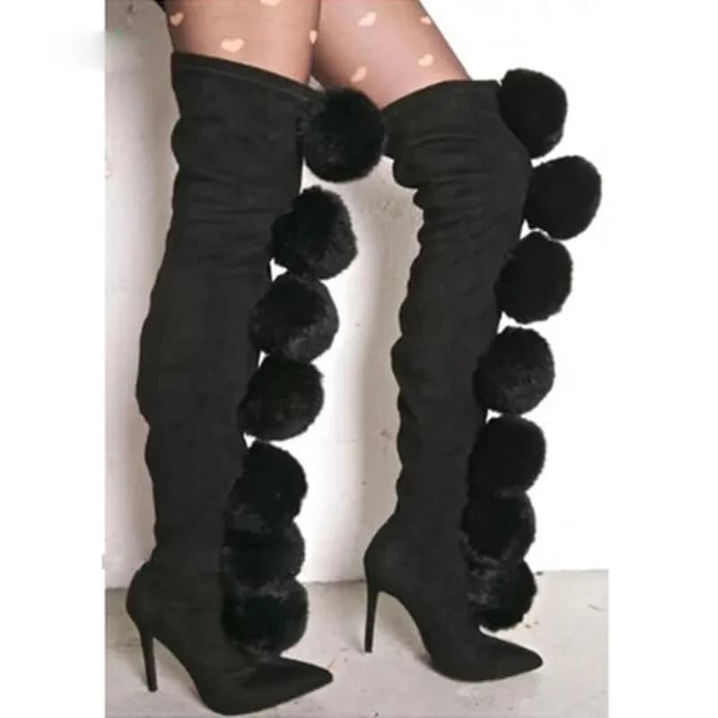 Dolce rosa Furball Botas Donna Pom Pom Stivali sopra il ginocchio Stivali in pelle scamosciata elasticizzata Punta a punta sexy Slip On Stivali con tacco alto da donna