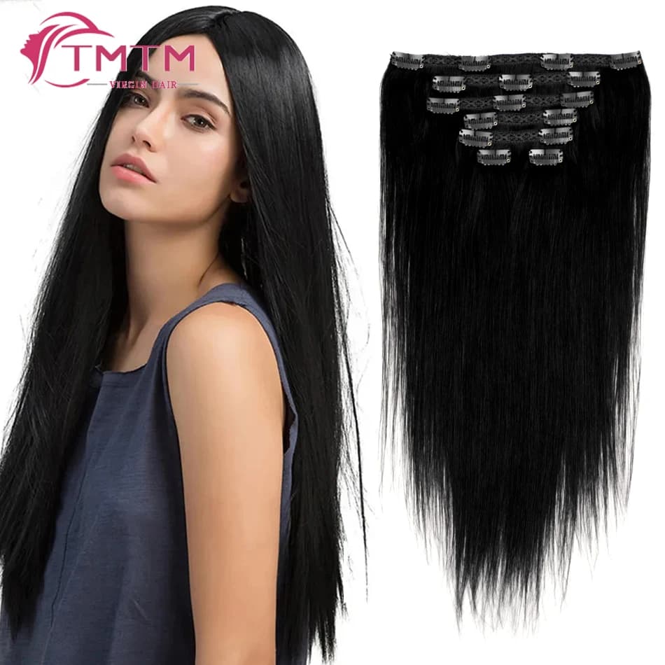 Clip dritta nelle estensioni dei capelli Capelli umani Colore nero getto 100% veri capelli umani Clip Ins Capelli 7 pezzi / set 120g 14-28 pollici Full End