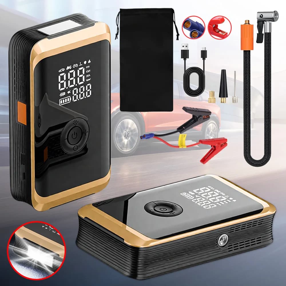 Pompa d'aria portatile 2-in-1 per avviamento auto con batteria integrata, gonfiatore digitale per pneumatici da 6000 mAh con LED, ricarica rapida Type-C, strumento di emergenza per esterni