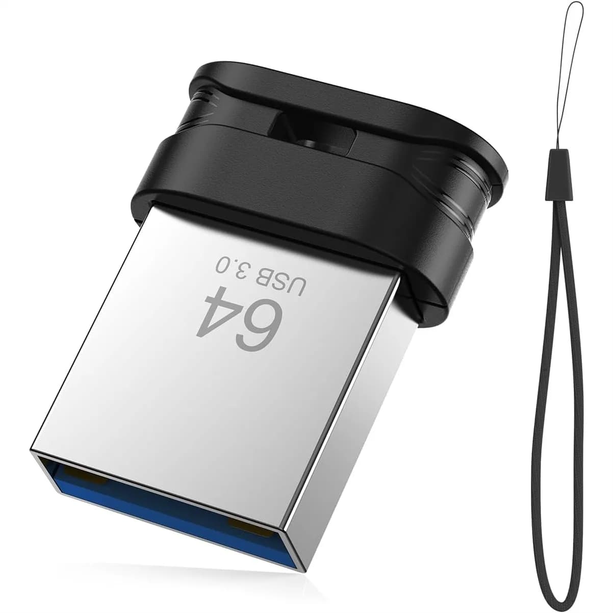 Chiavetta USB 3.0 da 64GB, Mini Flash Drive con Foro per Cordino, Archiviazione Portatile Plug and Play per Computer, Laptop, Smart TV, Nera