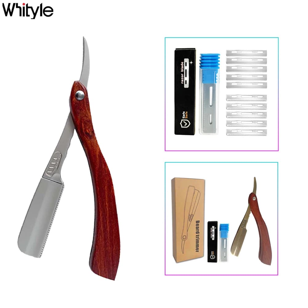 Whityle 02G Barba Trimmer Folding Razor in straight wood with 10 replaceable AC blades Metal beard knife for beginners and barber