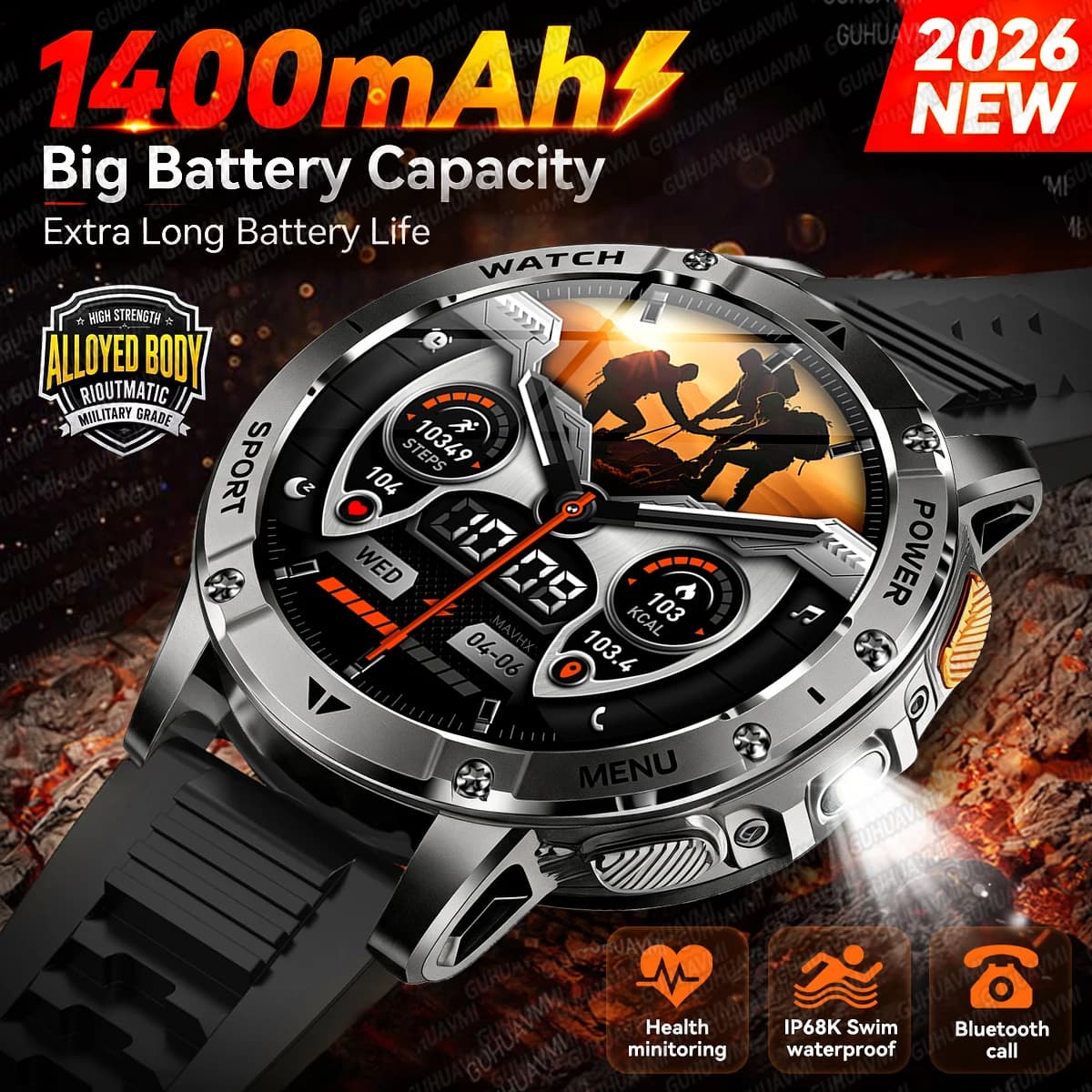 Newly Military 1400mAh Sports Tracker SmartWatch Men Strong Flashlight 1.7" 5ATM Swim Bodybuilding Outdoor Watch For iOS Android
