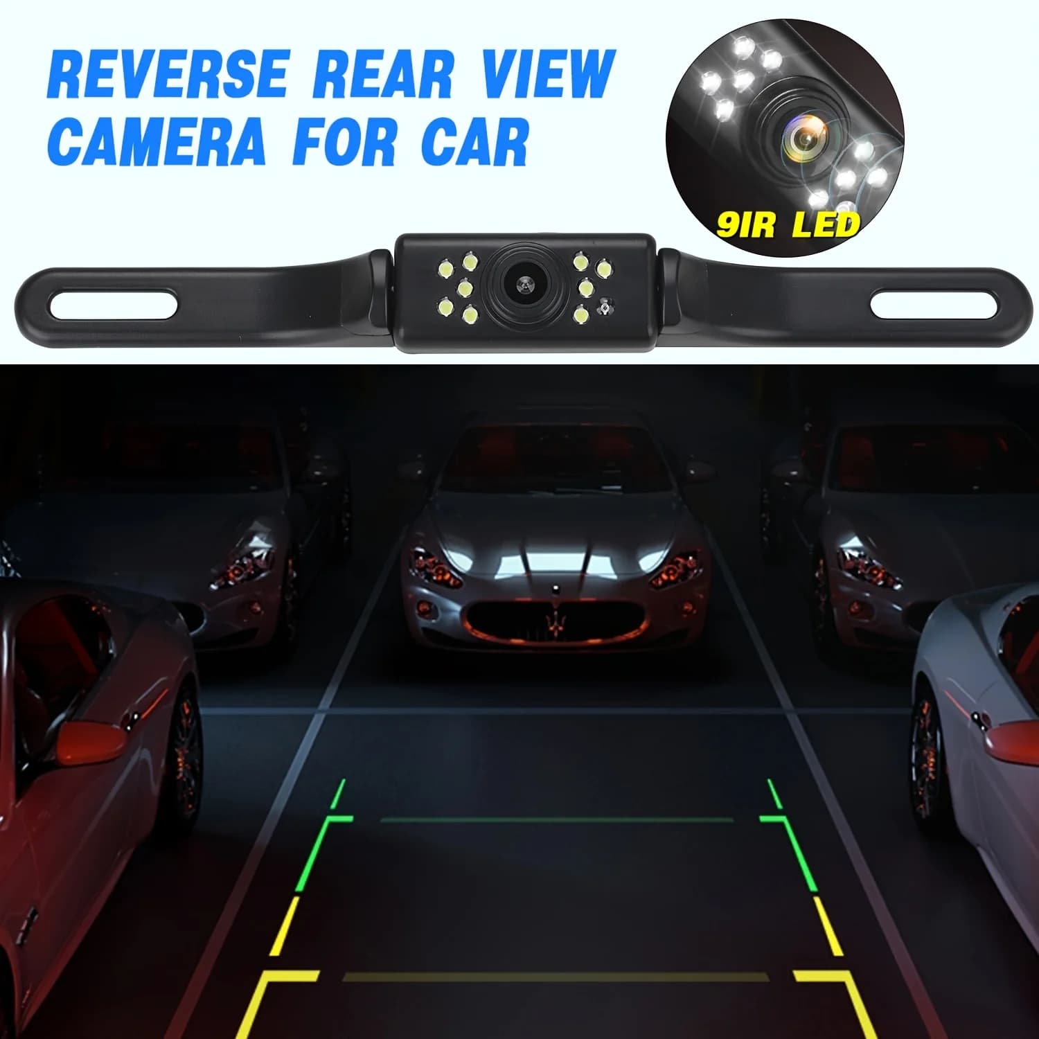 Telecamera di backup per auto Telecamera per retromarcia per visione notturna HD Telecamera per targa con 9 luci a LED, telecamera per retromarcia per auto