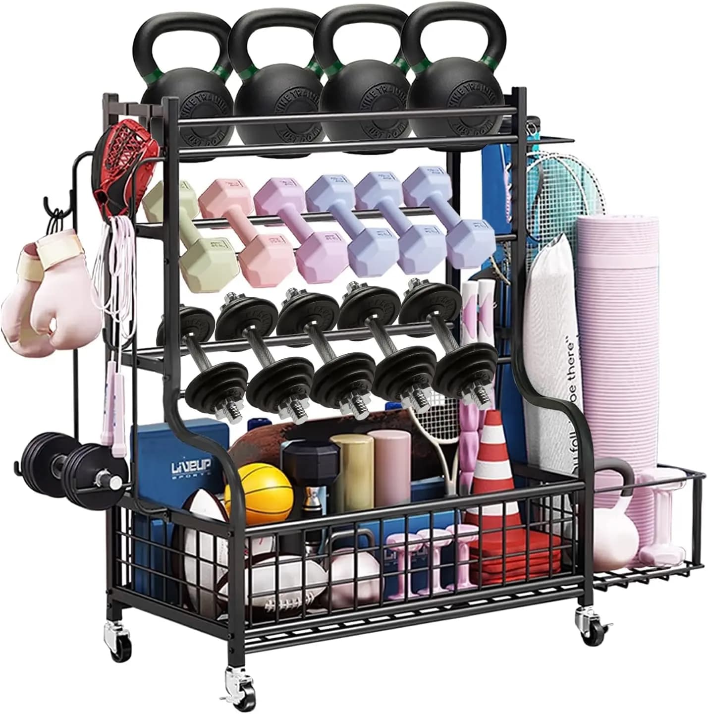 Rack per Kettlebell e Attrezzature da Palestra, in Acciaio, Colore Grigio, con Ruote, Ganci e Parte Superiore in Rete per lo Stoccaggio
