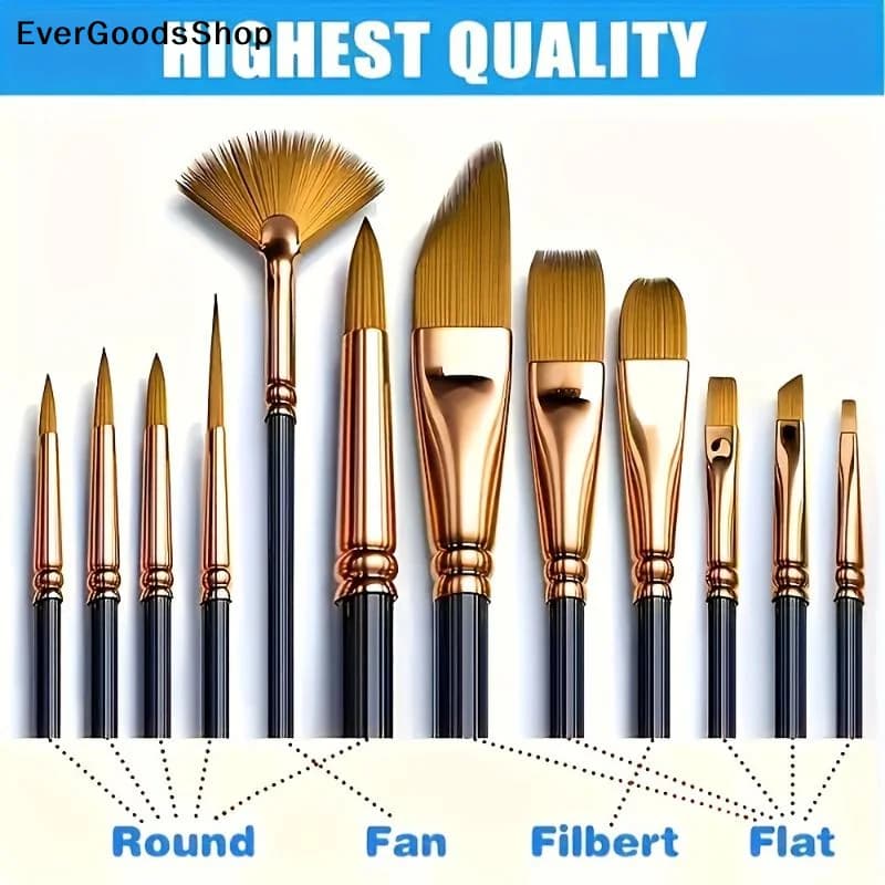 New 12Pcs Nylon Bristle Brush Set Flat Brushes Watercolor Oil Paint For Artists Amateur And Acrylic Paintings Fabric Brushes