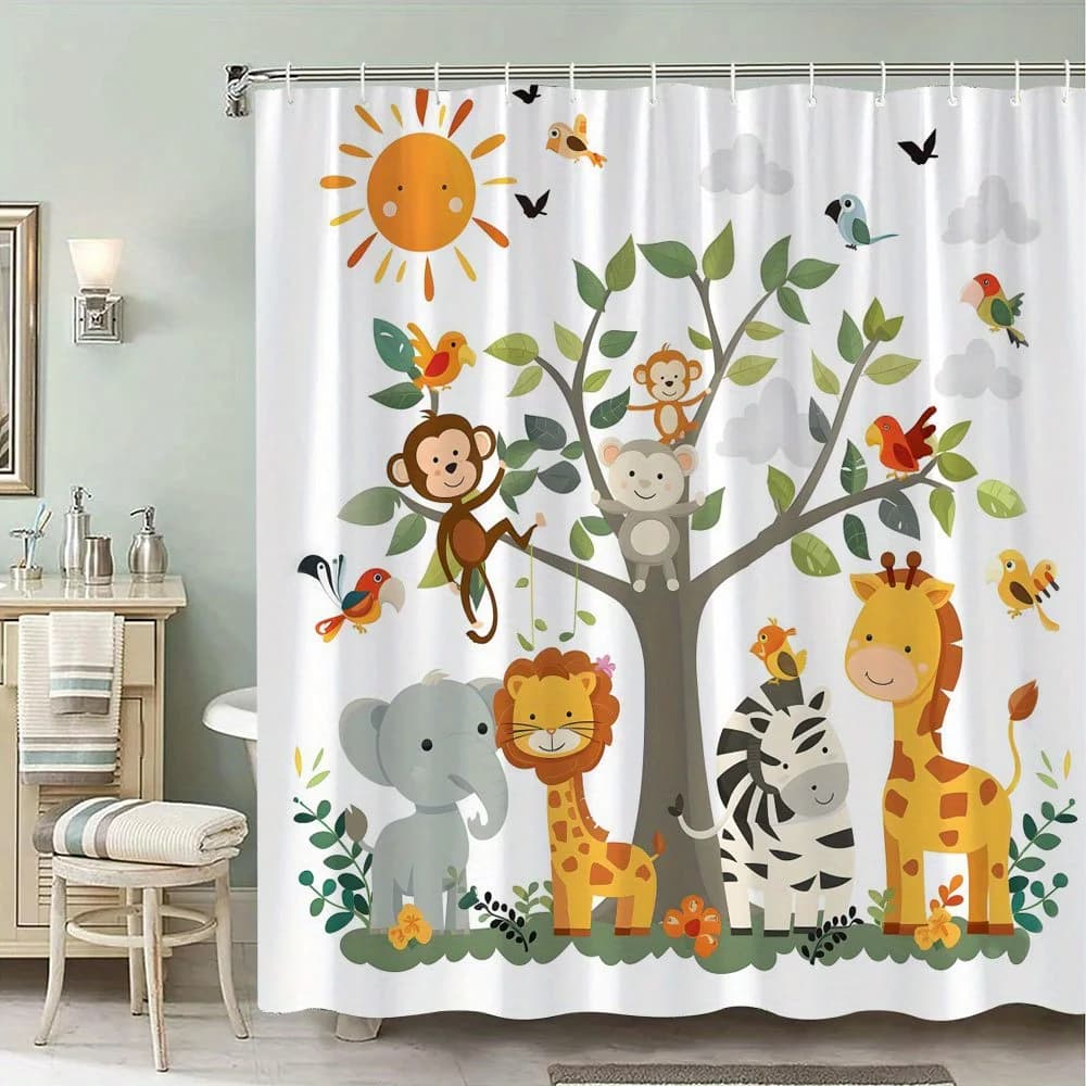 Adorable Safari Animals Kids Shower Curtain Jungle Print Bathroom Decor Nursery Wild Tropical Theme Shower Liner
