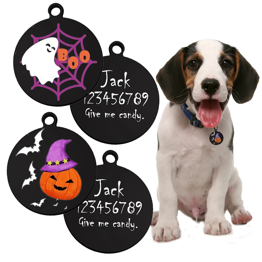 Nome dell'animale domestico personalizzato Etichette nere Personalizzazione di Halloween Etichette per cani da compagnia Accessori per collare per gatti ID per animali Collari per targhette per cani Tag in acciaio