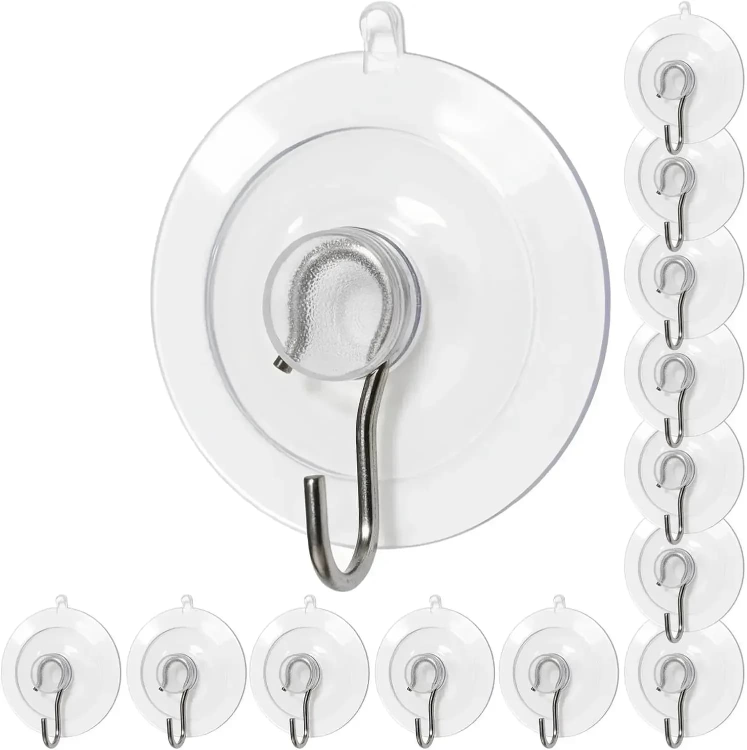 Suction Cup Hooks 12Pcs, 1.77Inch Clear Medium No Trace Suction Cups Removable with Stainless Steel Hook, for Tile, Glass, Window, Shower, Kitchen, Bathroom