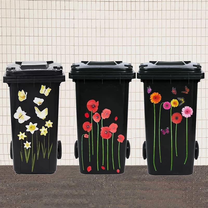 Flower Trash Can Stickers Daisy Lily Wheel Garbage Can Sticker Self-Adhesive PVC Decals Waterproof Decorative Sticker Wall Decor