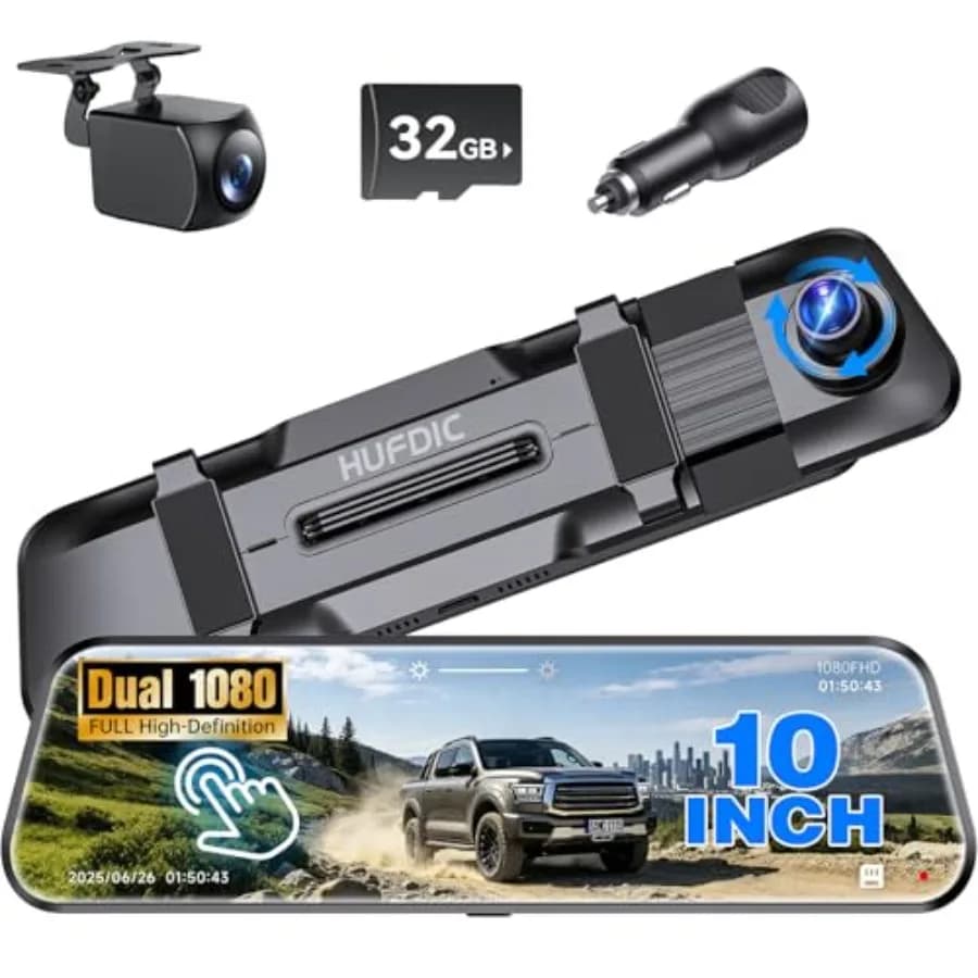 Dash Cam con Specchio da 10'' 1080P FHD Visione Notturna Doppia Lente Anteriore e Posteriore 170° ° Telecamera per Auto con Grandangolo, Sensore G, Registrazione in Loop e Assistenza al Parcheggio