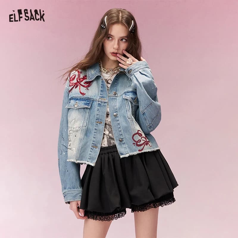 ELFSACK Giacca in denim vintage con paillettes ricamate e strappi per donna