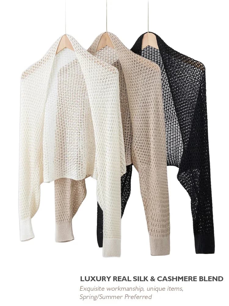 Spring silk cashmere perforated slide with women's Pashmina sleeves Summer sunscreen shirt in soft super slim yarn