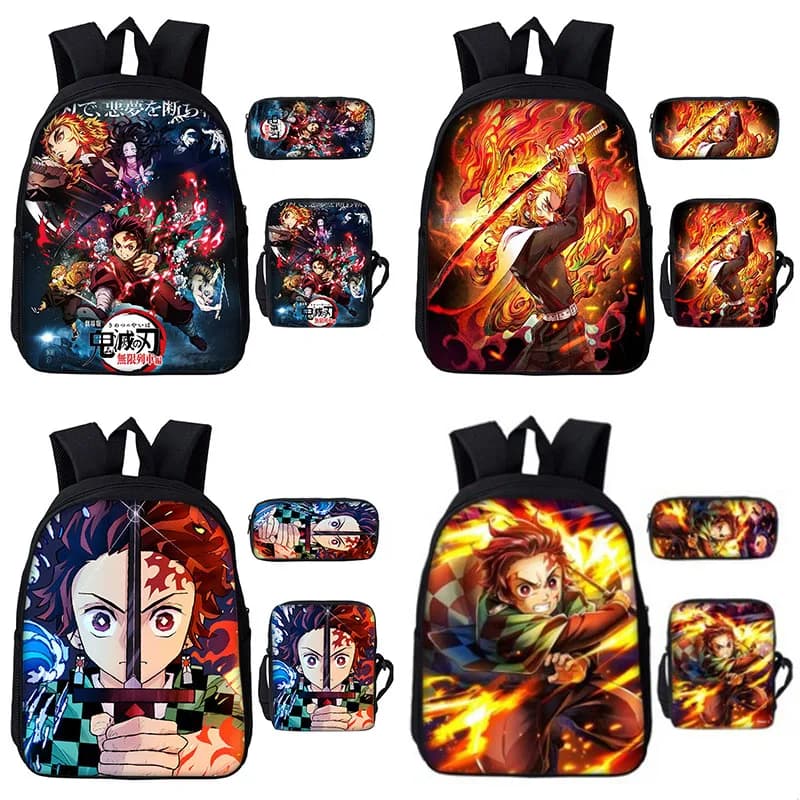 Demon Slayer 3Pcs Backpack Set Anime Print School Backpack Pencil Case Small Shoulder Bag Student Travel Bookbag for Boys Girls