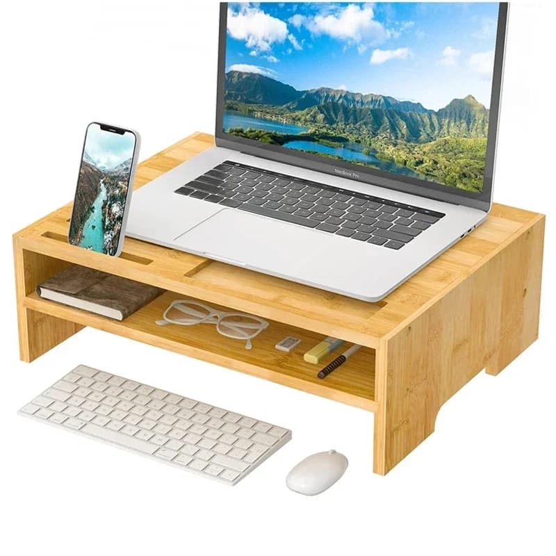 Multifunctional Space-saving Bamboo Monitor Stand Riser Computer Monitor Stand with Storage Organizer and Cooling Holes