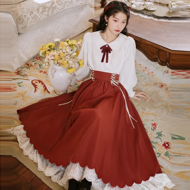 Set di camicia con colletto da bambola e gonna a mezza lunghezza in stile Lolita Princess, leggero e alla moda per tutti i giorni, completo da donna in due pezzi.