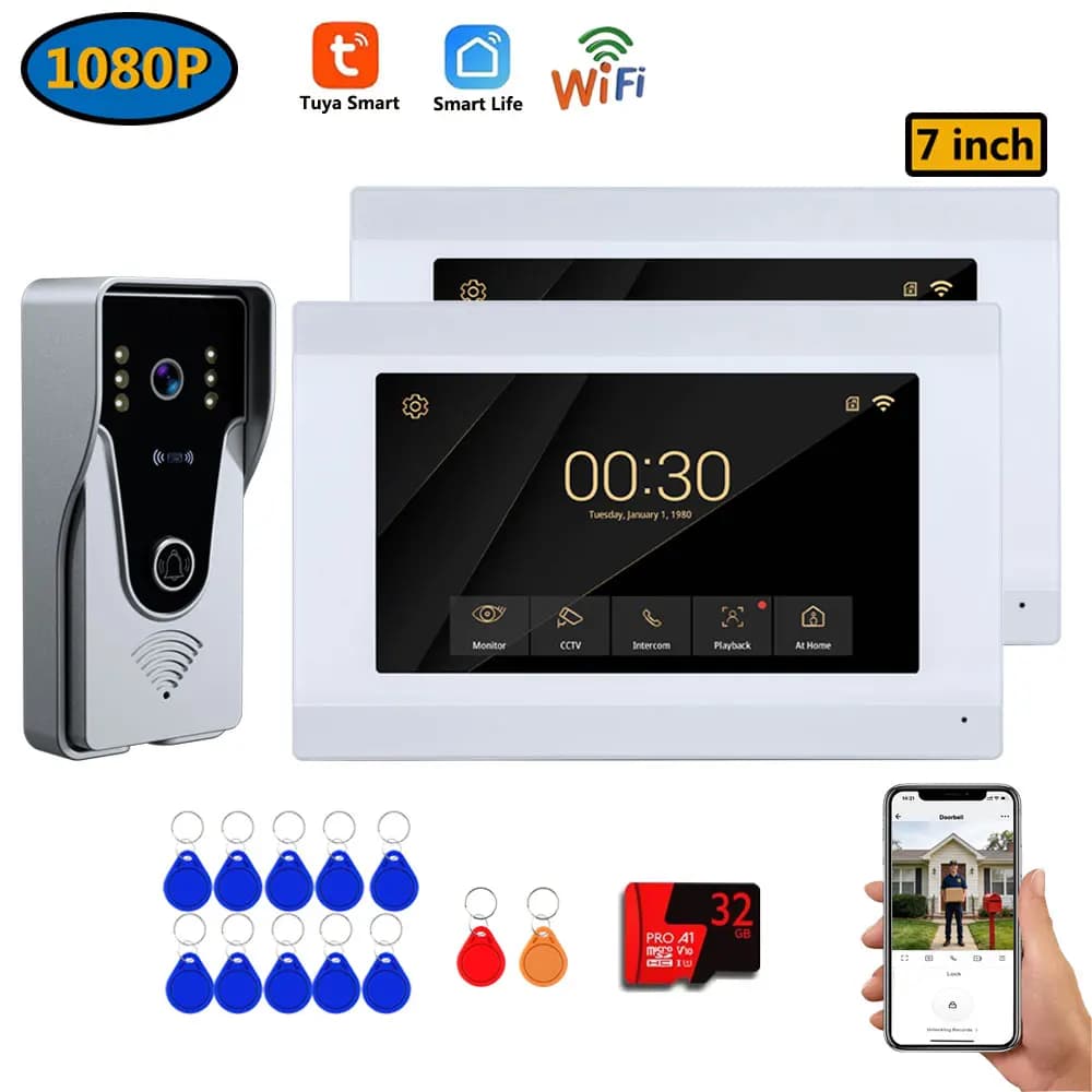 Videocitofono WiFi LCD da 7 pollici 1080P, 4 fili, HD, Smart, con sistema interfono domestico, sblocco tramite APP TUYA e RFID, opzioni 1V1/1V2