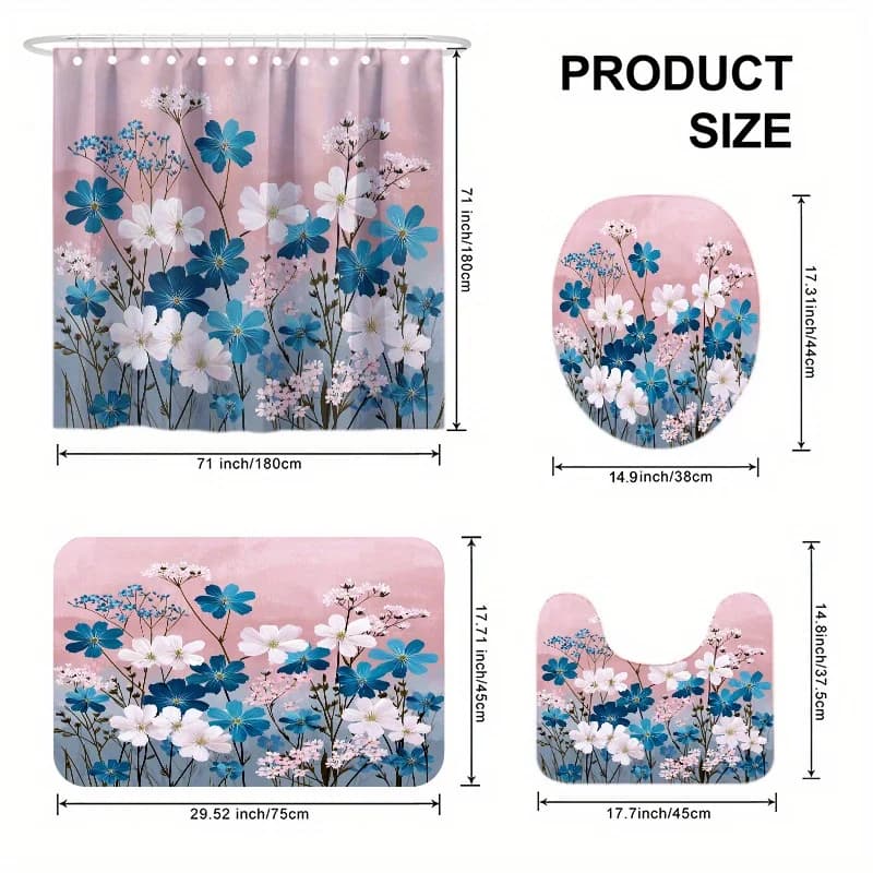Set di tende da doccia stampate con profumo floreale primaverile da 4 pezzi, kit di decorazioni per il bagno include rivestimento per doccia, tappetino antiscivolo, copriwater, tappeto