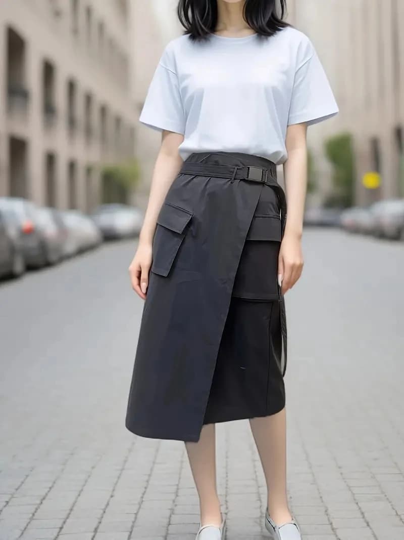 Women's Black A-Line Skirt with Adjustable Waist Belt & Pockets - Flared Hem, Machine Washable, All-Season Versatile for C