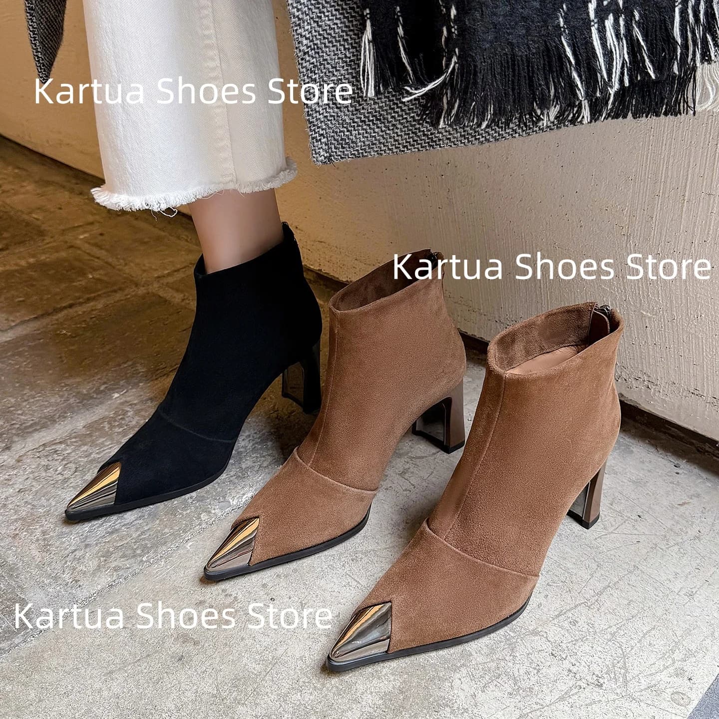 Stivaletti in pelle scamosciata da donna Puntale a punta in metallo Design con tacco largo Elegante abito con cerniera Office-Casual Ladies Daily Short Botas