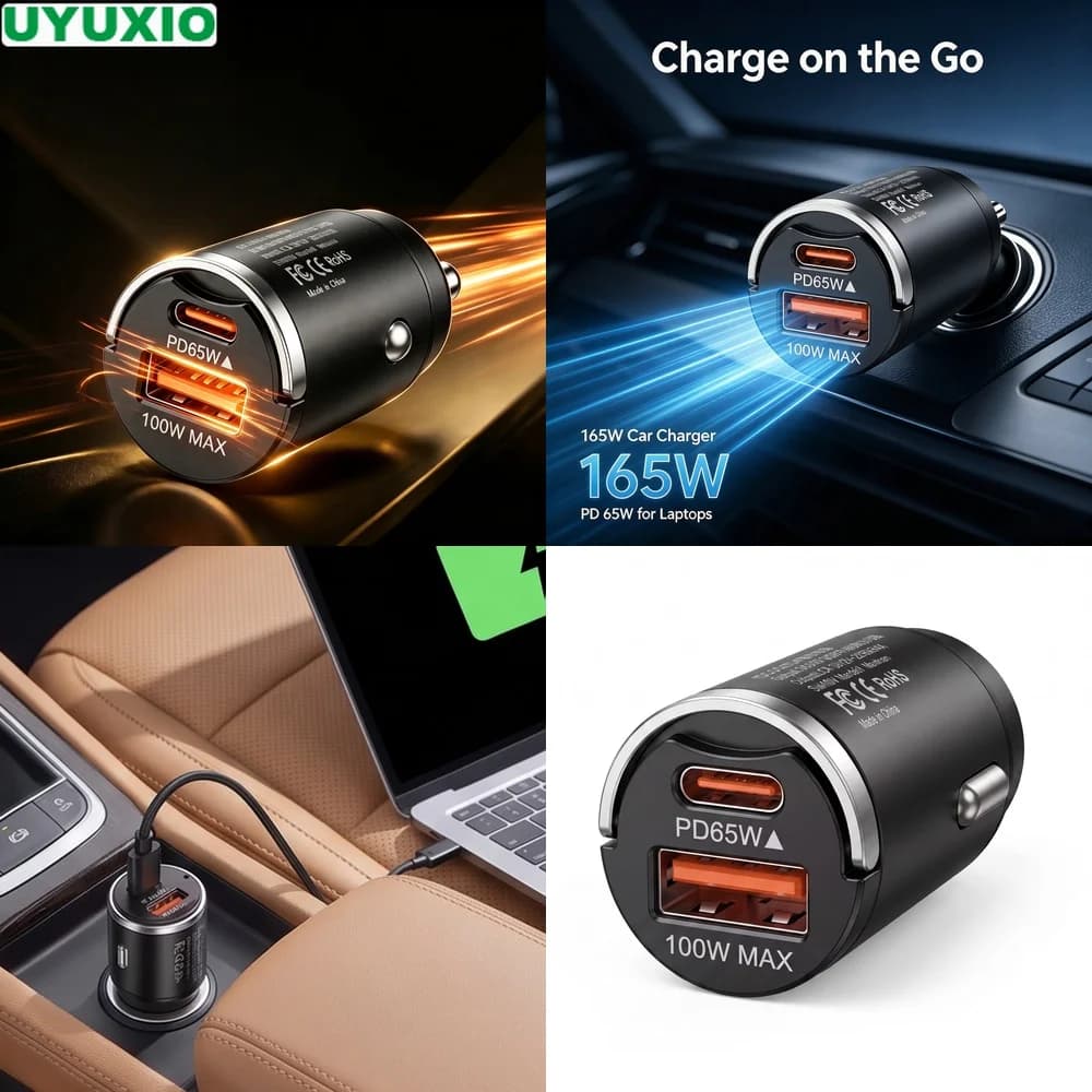 165W Travel Car Charger PD 65W USB C and 100W USB A Charging for Smartphones Tablets and Laptops Zinc Alloy Flush Fit Design