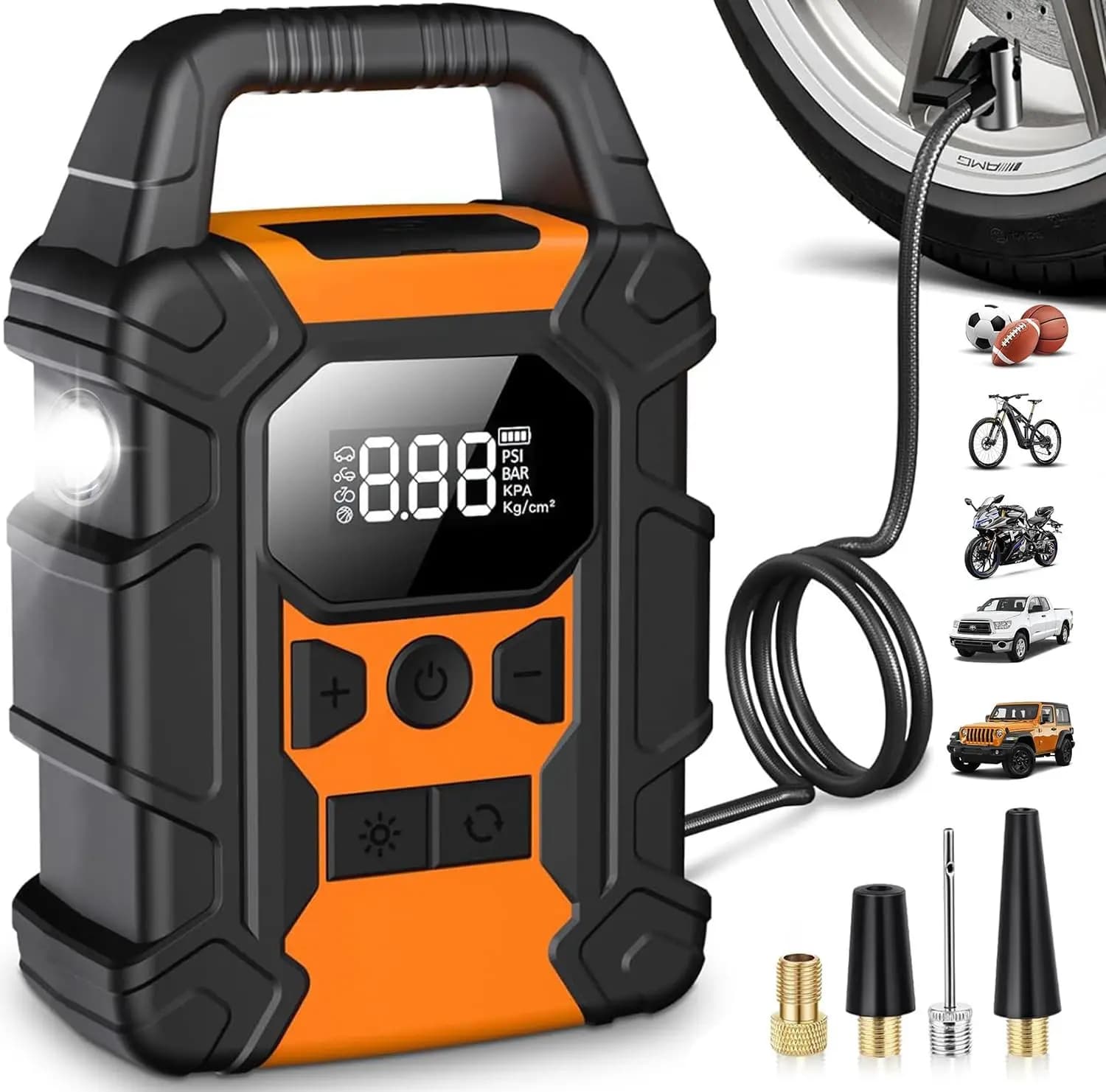 Compressore d'aria portatile 150PSI, gonfiatore per pneumatici ricaricabile con manometro e luce a LED per auto, bici, moto