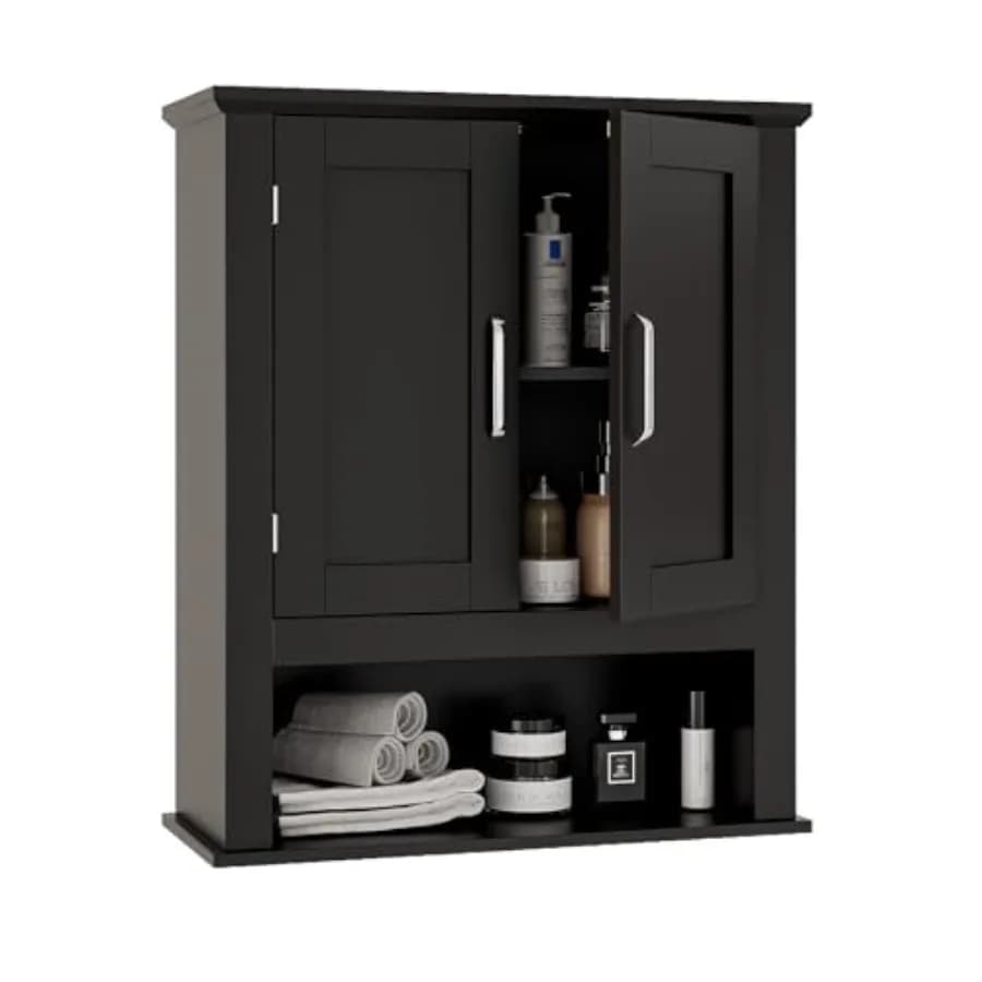 Bathroom cabinet in Wall Black with Open shelf, 2 doors, Organizer Suspended Adjustable for Above WC, in Wood