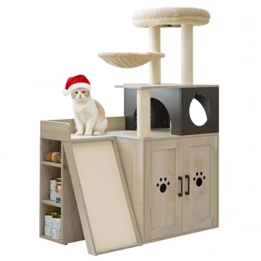Mobiletto per lettiera con albero per gatti, lettiera nascosta 46, con scala per grattare in sisal e contenitore, mobiletto modulare in legno per lettiera