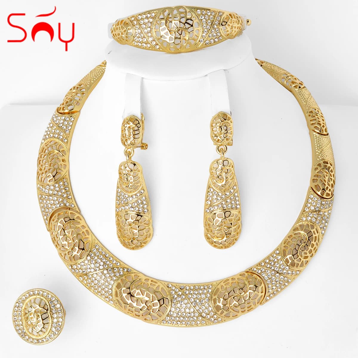 Sunny Jewelry Set da sposa alla moda con zirconi classici orecchini placcati in oro 24 carati collana braccialetto anello set da 4 pezzi per regali da donna