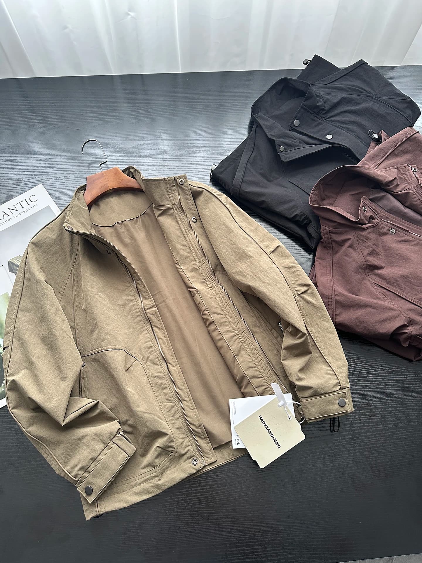 Loose Fit Men's Jacket Casual Outdoor Polyester Fiber Zipper Closure Long Sleeve Stand Collar Trousers Traditional Chinese Style