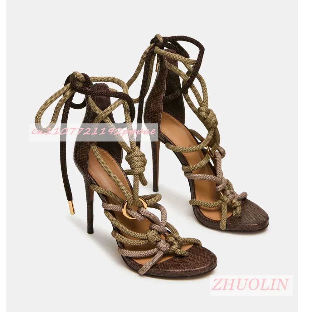 Women's Sandals with Spilled Heel, Open and Round Toe, Leather Effetto Serpente Retrò, with Braided Strap in Corda Spessa, Sexy for Summer Holidays