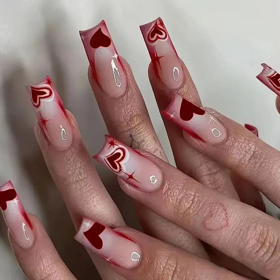 24 Pieces Sweet Love Press on Nails Valentine's Gift for Girls Supplied Faux Nail Tips Full Cover French Square Fin Nails