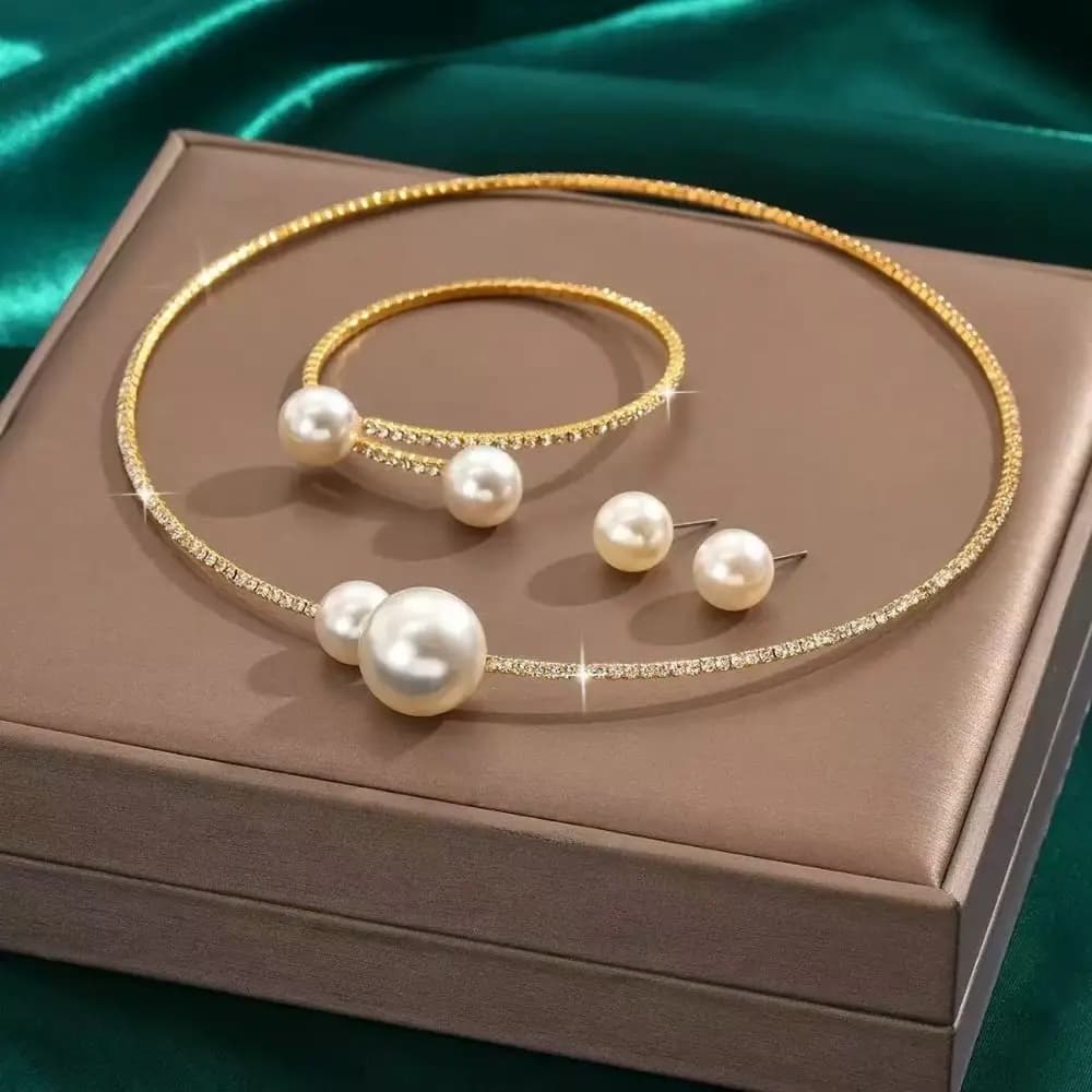 Silver/Gold Bridal Jewelry Sets Openable Bracelet Shiny Necklace Earrings Bracelet Set Elegant Adjustable