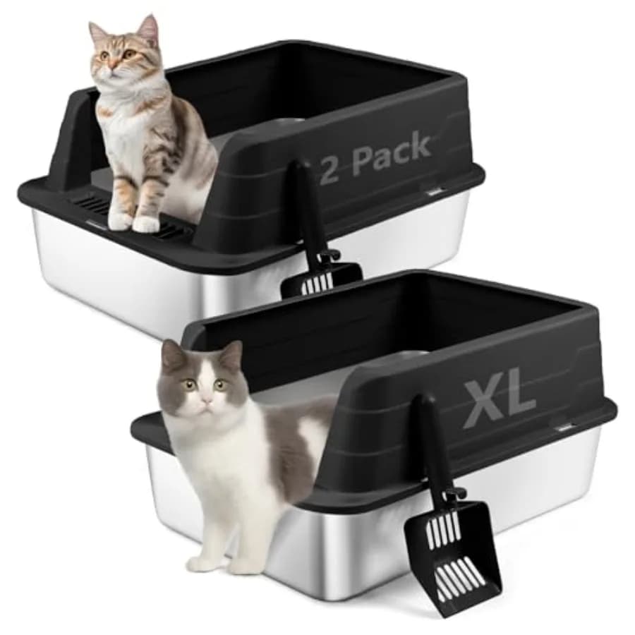 2 Pack Stainless Steel Litter Box, XL 22.9"x15"x 10.3" High Sided Metal Cat Litter Tray with Scoop, Cat Litter Box for Anti-Spl