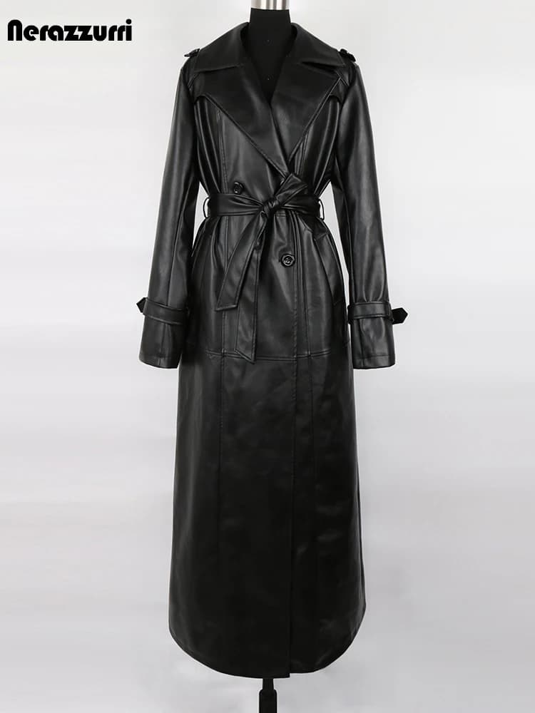 Trench Nerazzurri primavera autunno Extra lungo impermeabile nero morbido in pelle Pu per donna cintura lunghezza pavimento soprabito di lusso