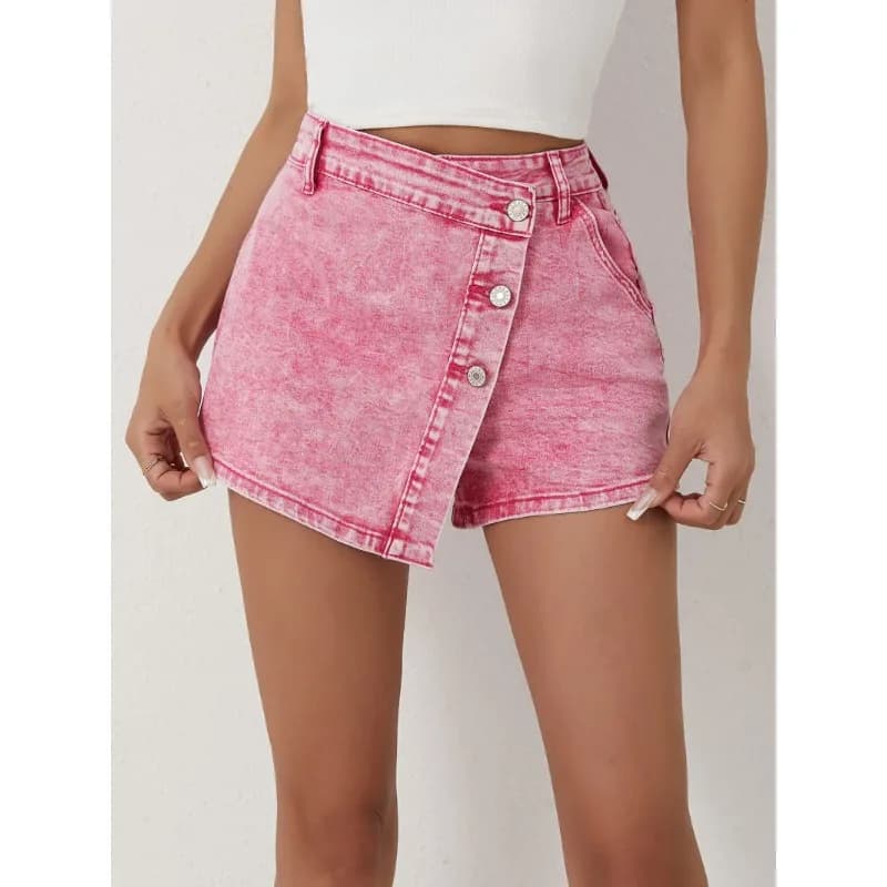 Women's jeans shorts High fashion casual waist pants with asymmetric buttons 2025 New pink jeans