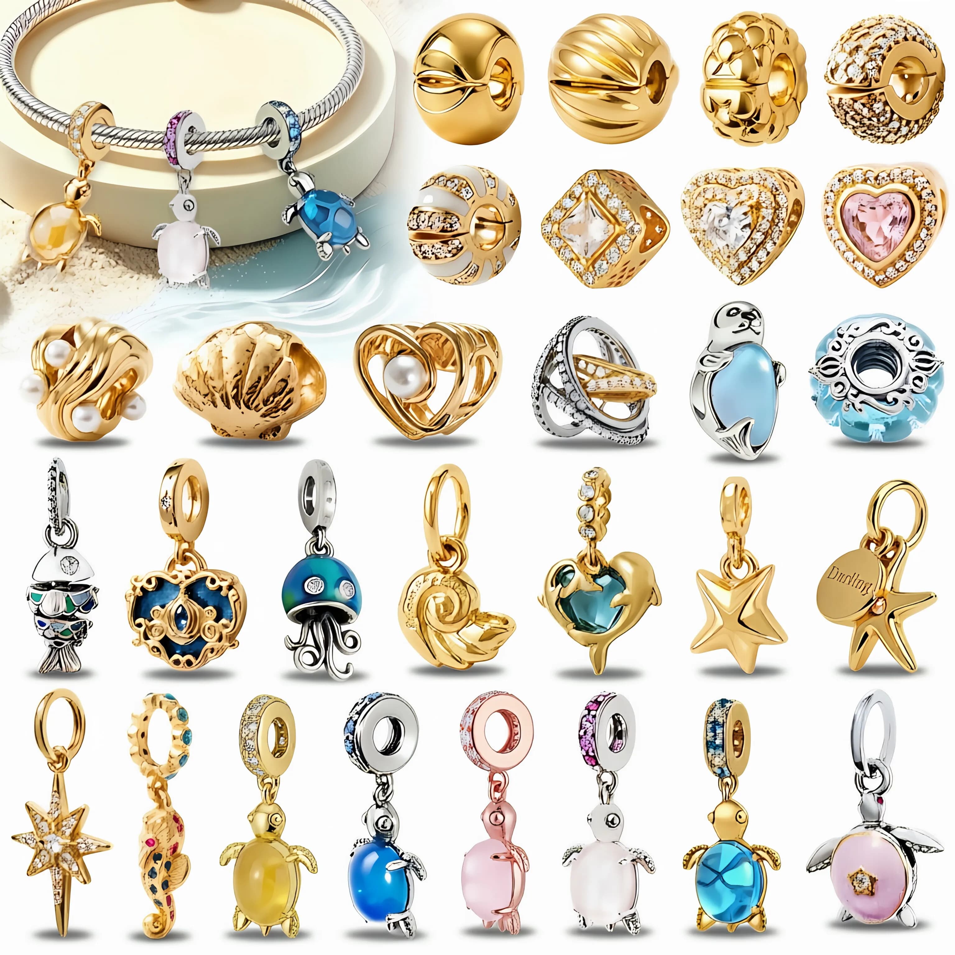 Special Offer: Snake Chain Bracelet Charm with Turtle, Stella Marina, Shell and Octopus, Shiny and Colorful Ocean Series, Gift Jewelry for Women