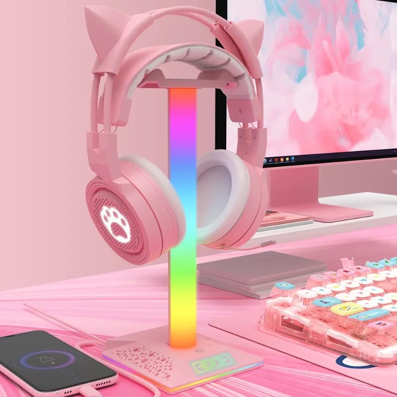 Supporto per cuffie Base per cuffie multifunzionale RGB personalizzata Supporto da tavolo Illuminazione ambientale Accessori per espositori per cuffie