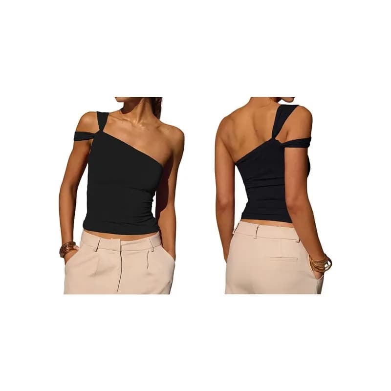 Women's One Shoulder Asymmetric Strapless Tube Top Fitted Y2k Tank Top Going Out Outfits Black M-A74P
