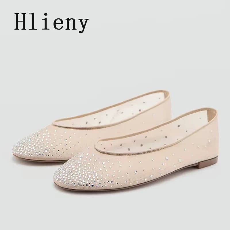 Hlieny Designer Crystal Rhinestone Round Toe Woman Flats Ballet Dance Shoes Mary Janes Mules Girls Mesh Breathable Loafers