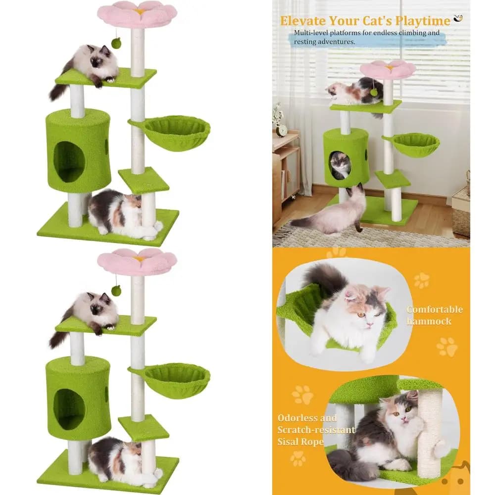 Albero per Gatti a Tema Floreale da 41 Pollici con 3 Pali, Piccolo Torre, Cuccia Accogliente, Amaca e Posatoio per Gattini da Interno, Verde