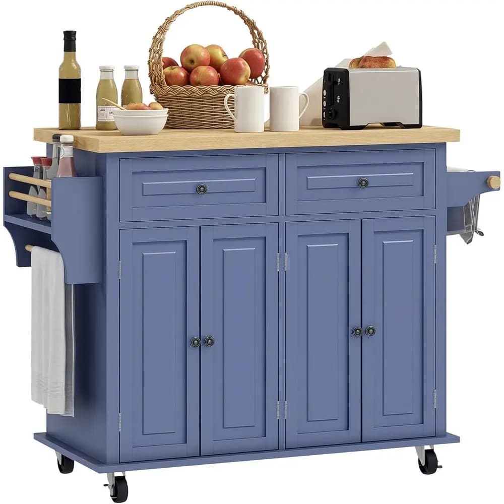 Carrello da Cucina Mobile con Piano in Legno Massello, 44 Pollici, con Ripiani Regolabili, Porta Spezie e Portasciugamani, Blu Navy