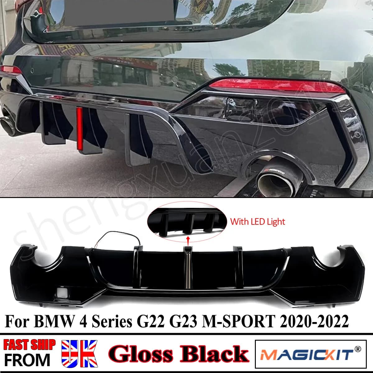Gloss Nero diffusore posteriore sostituire Per BMW G22 G23 4 serie 420i 430i 420d M sport 2020 2021 2022 Paraurti Posteriore Diffusore Labbro LED