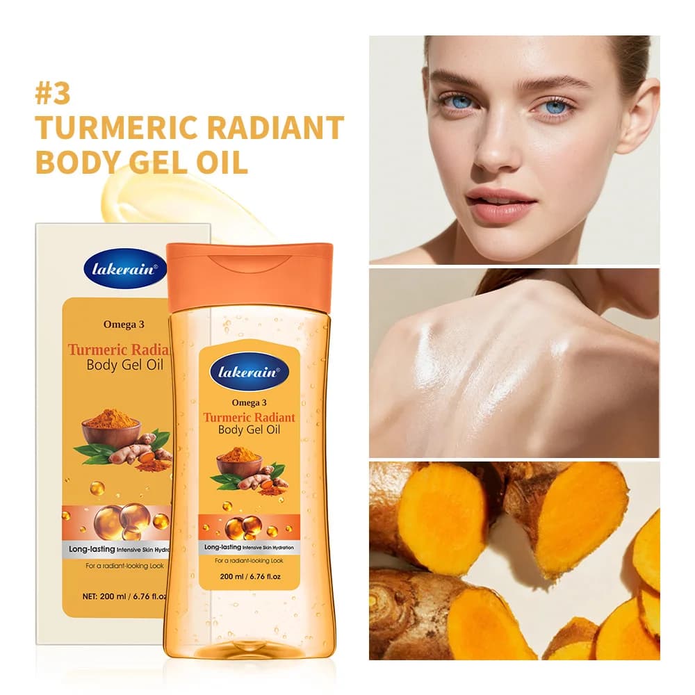 Olio corpo illuminante alla curcuma da 200ml, Omega-3, Vitamina B3, C, idratante illuminante, olio di cacao, cura della pelle per pelli secche.