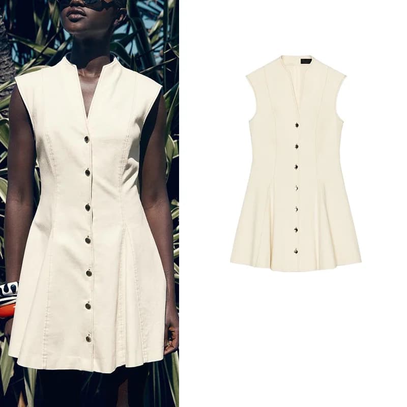 Summer Women's Dress Color Block Stitching A-Line Hem Sleeveless High Waist V-Neck Polyester Fiber Single Piece