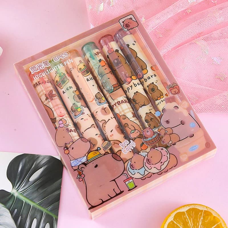 6 pz/lotto carino capibara penne fluorescenti studente portatile testa obliqua pennarello a colori pittura graffiti cancelleria scolastica