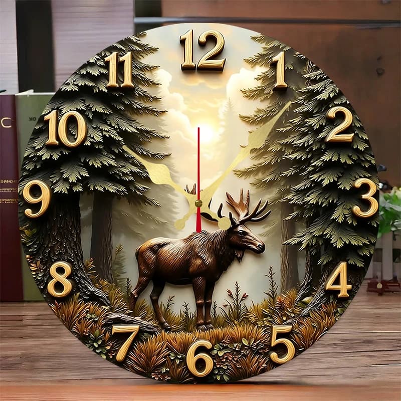 Moose & Deer wooden silent hanging wall clock, suitable for living room, office, study room, bedroom, home decoration