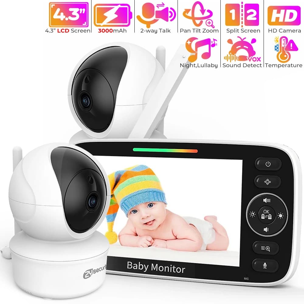Baby monitor da 4,3 pollici con 2 telecamere Pan Tilt Zoom Baby Camera Batteria da 3000 mAh Conversazione bidirezionale Visione notturna Rilevamento termico Babyphone